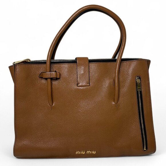Miu Miu Madras Brown Leather 2 Way Tote - Picture 1 of 16